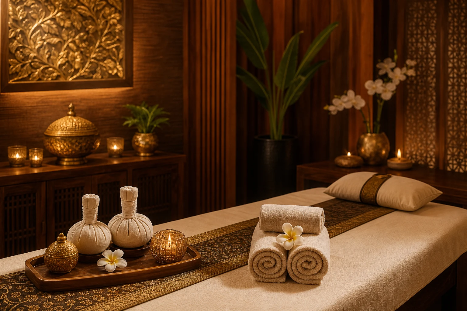 Salle de soin pour massage aux pochons d'herbes thaïlandais